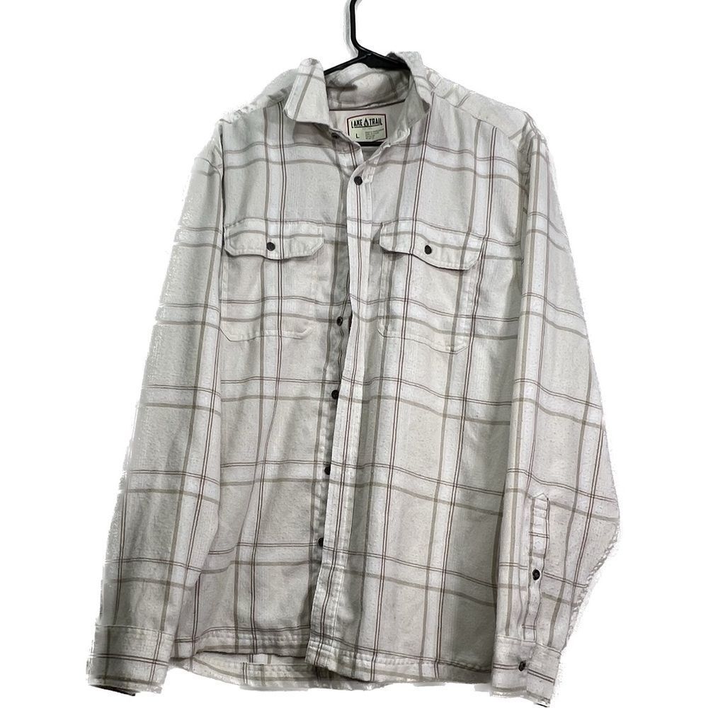 Lake & trail plaid, long sleeve button front‎ adult large